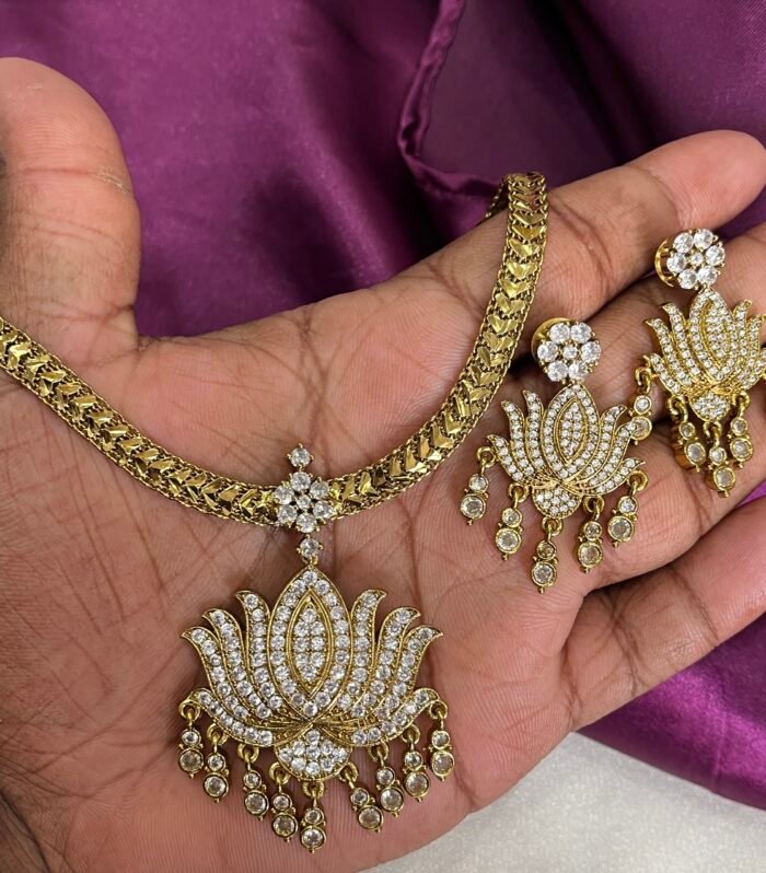 Lotus Attigai Complete AD Stones Covered Simple Necklace