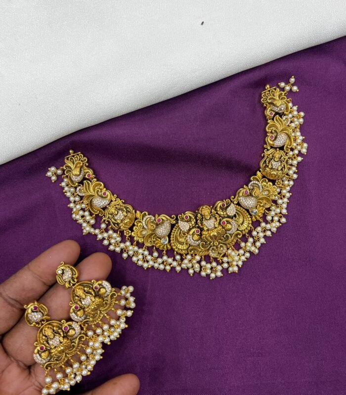 Real Antique Necklace With AD stones Lakshmi Statues with Peocock Elegant Design
