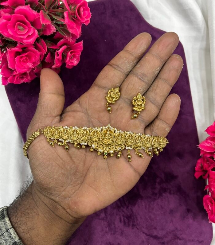 Gold Replica Lakshmi Choker With AD Stones