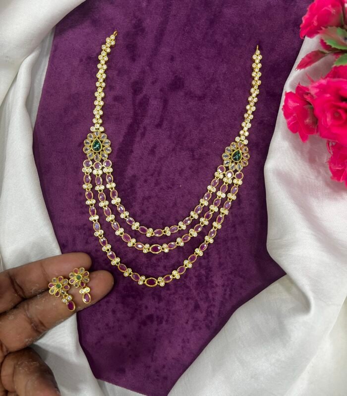 Three Layer Ruby Stone Necklace with Unique and simple Earing