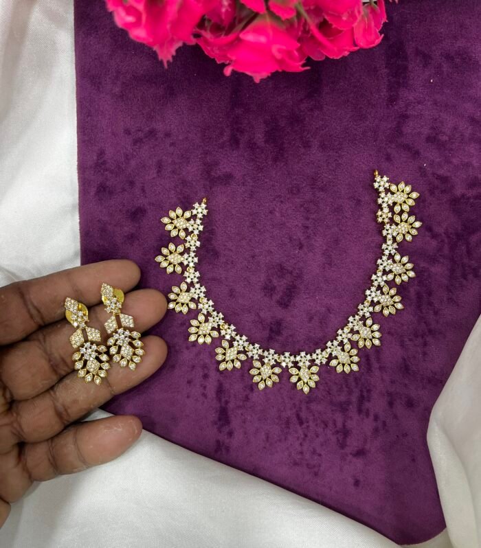 Flower Design Complete AD Stone Necklace