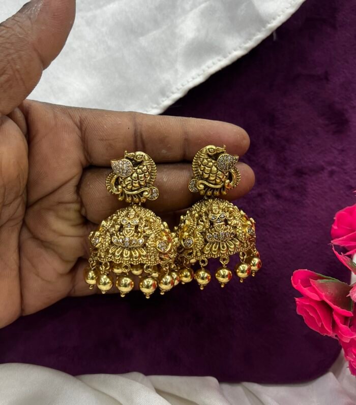 Antique Peacock Lakshmi Jhumka brass made with AD stones
