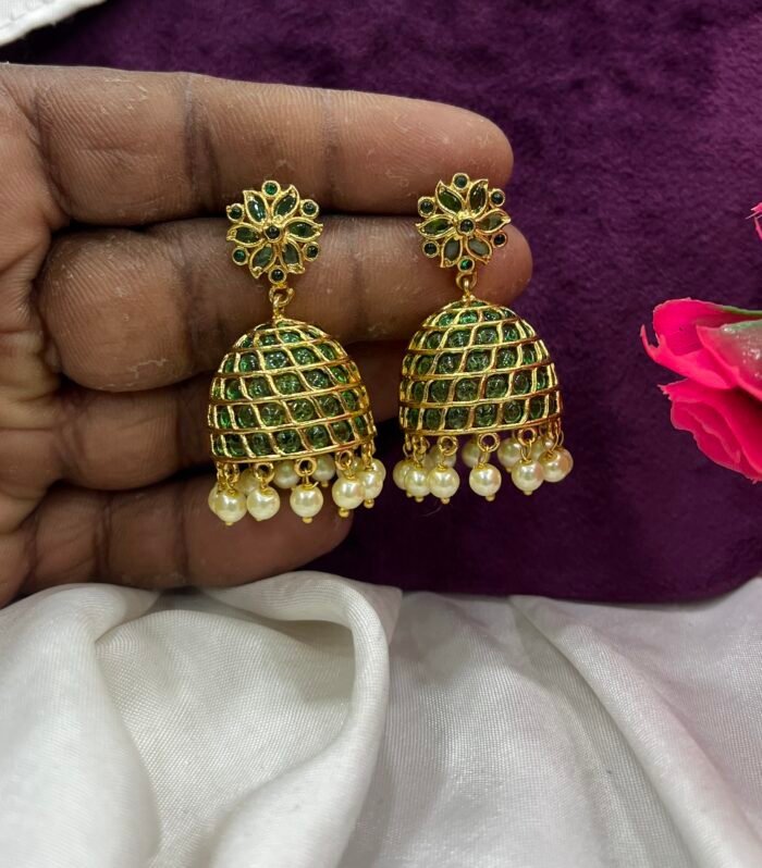 Real Kemp White and Green Colour Brass made Jhumka