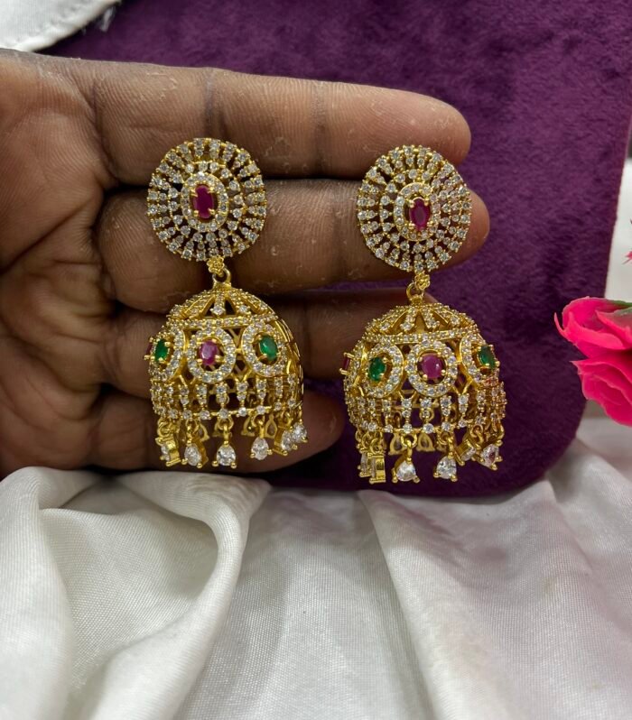AD matt finish Multi colour Jhumka complete Stone hanging
