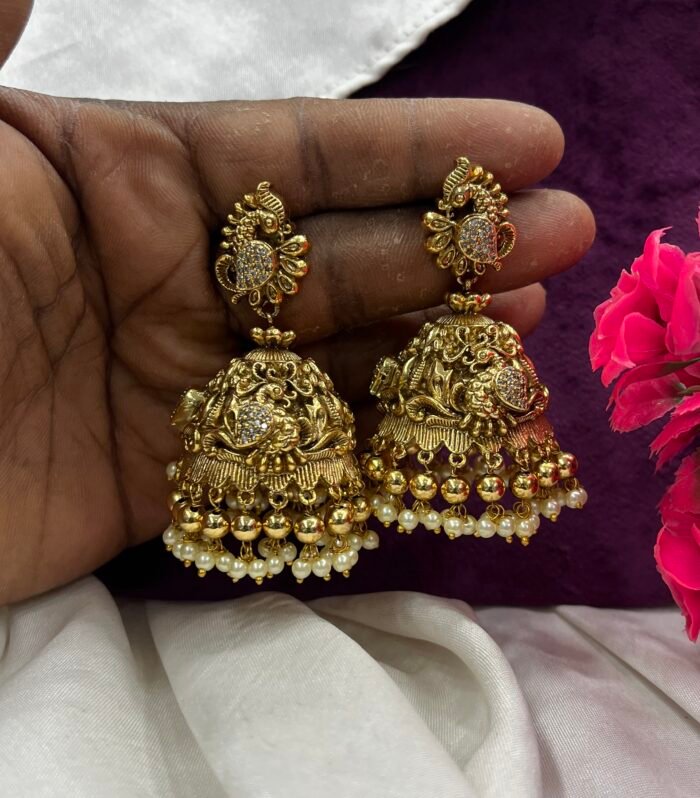 Antique Peacock Jhumka Complete AD Stones with Gutta pusalu design