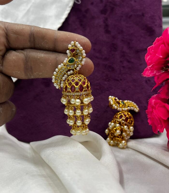 Peacock Matt Finish Step Jhumka With Pearl Step Hangings