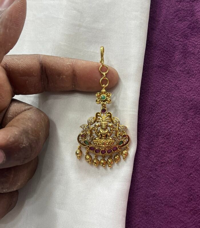 3D embossed Lakshmi pendent Tikka with AD stones