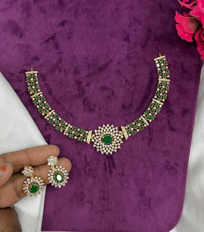 Premium Ruby and Green Stone Necklace With Earing