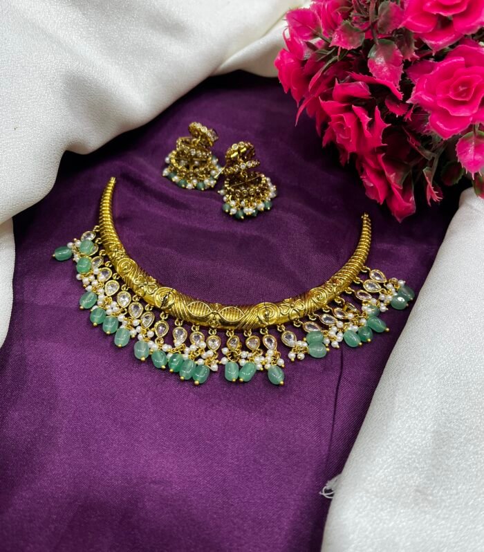 Brass Made Hasli necklace with Semi Precision Beads With Spring Jhumkas