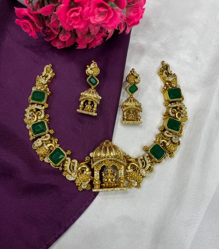 The unique Necklace Gold Design Complete AD stone along with Green Emerald